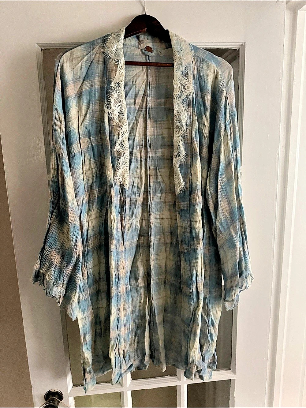 FP One Blue & White Plaid Lace Trim Tunic Size S/XS